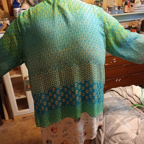 Catherine's Sheer S/S Open Front Kimono Blouse  3X 26-28 WP Geometric Print - Picture 7 of 11